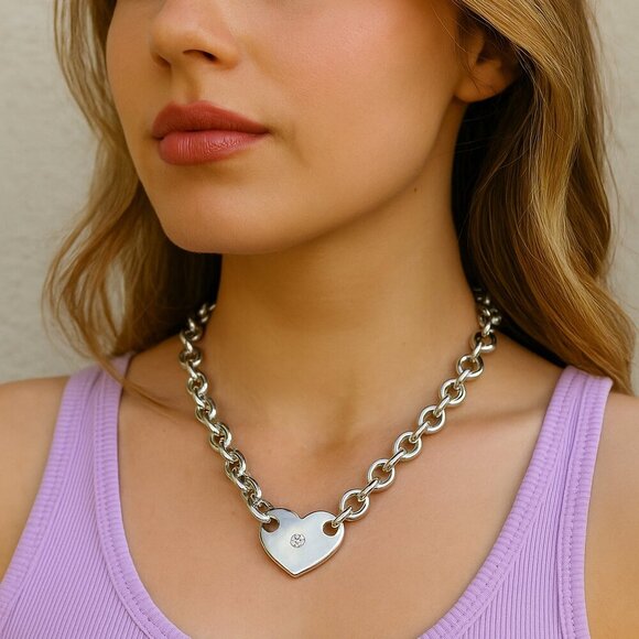 Sterling Silver Heart Connector Pendant, 925, Genuine 0.50-Ct Diamond, ~1” - Picture 6 of 7